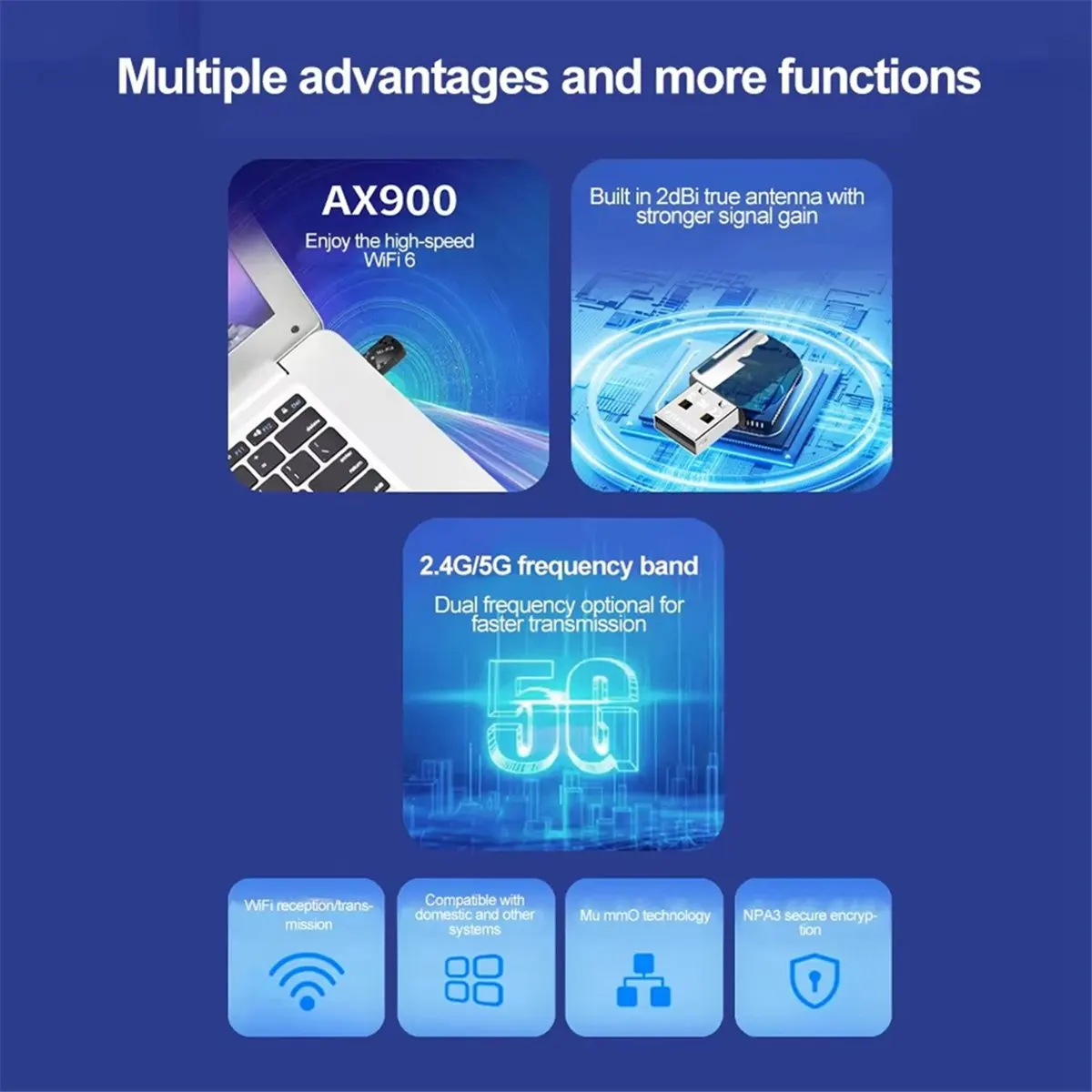 AT42 900Mbps USB WiFi 6 Adapter AX900 USB Dongle 2.4G 5G Dual Band Wireless WLAN Receiver for Win10&Win11