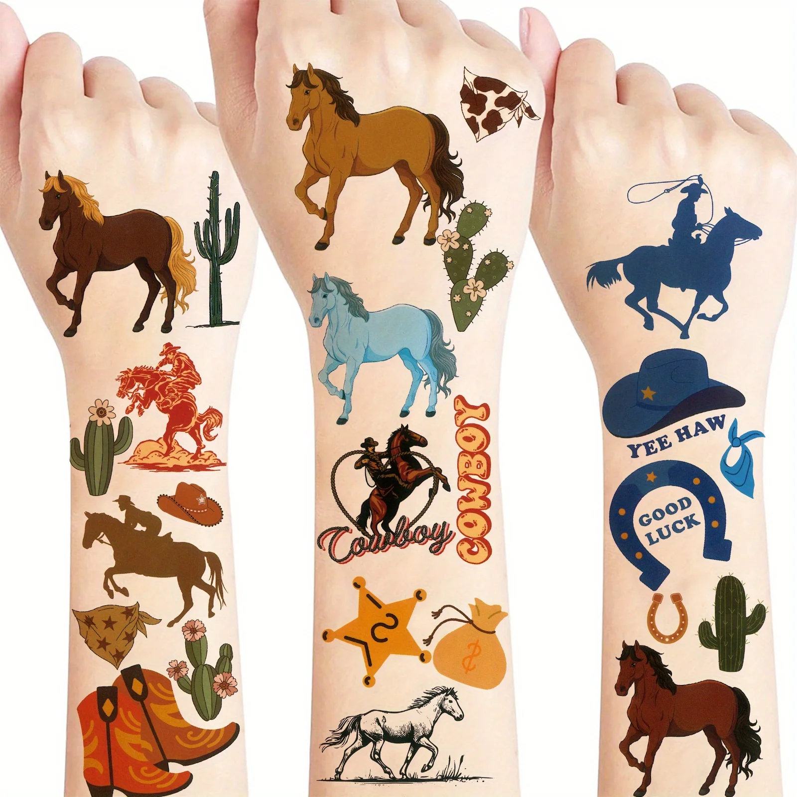 10 Sheets Temporary Horse Cowboy Tattoos Stickers Birthday Themed Party Supplies Decorated with Tattoo