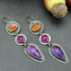 Ethnic Silver Color Round Water Droplet Orange Red Purple Stone Earrings Vintage Metal Carving Dangle Earrings for Women