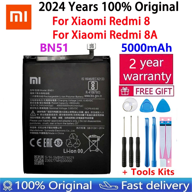 

2024 Years 100% Orginal BN51 5000mAh Battery For Xiaomi Redmi 8 Redmi 8A Redmi8 Replacement Batteries Bateria Fast Shipping