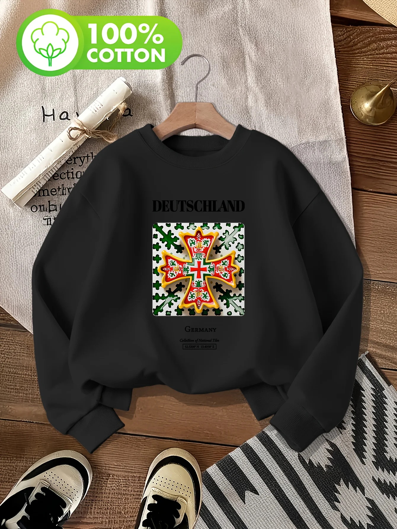 معطف Deutschland من الأسلحة مطبوع 100% قطن بدون غطاء برقبة دائرية سترة غير رسمية على الموضة بأكمام طويلة سترة ملولبة