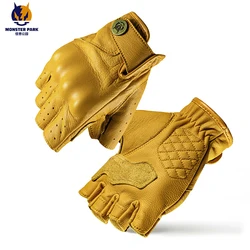 MONSTER PARK Motorcycle Gloves For Men Half Finger Vintage Leather Breathable Riding Gloves Moto Motocross Protective Gloves