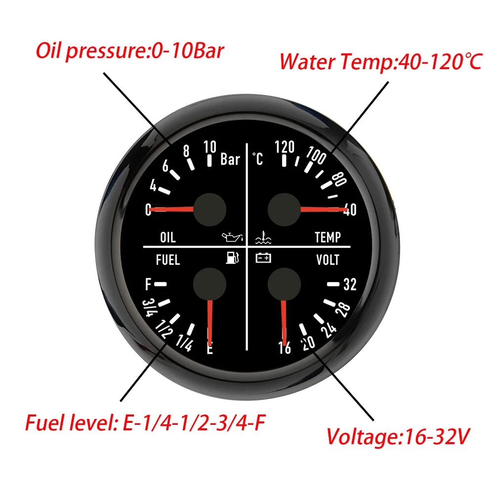 Rhaxel 80MM Multifunction Gauge with Fuel Level Oil Pressure 0-10Bar Water Temperature Voltmeter for Yachts Racing SUV 12V 24V