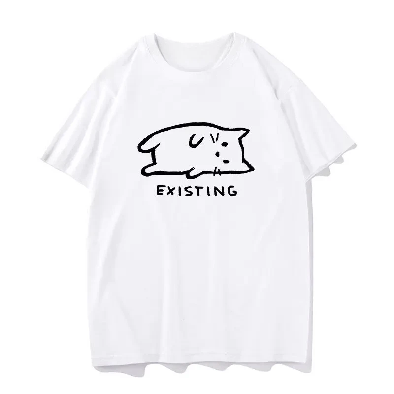 Existing Kitten Meme Printed 2000s Y2k Clothes Fashionable Men's and Women's Short Sleeved Summer Casual Round Neck Cheap T-hirt