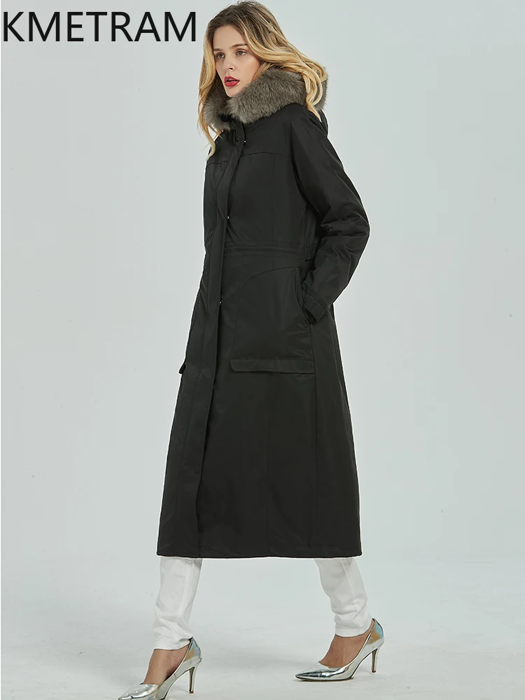 KMETRAM Natural Rex Rabbit Fur Lining Fur Coat Long Parkas Jacket Woman Fox Fur Collar 2025 Winter Hooded New Outerwears пальто