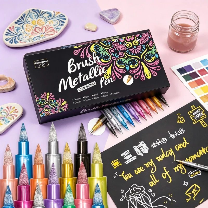 GuangNa 24 Colors Metallic Paint Markers, Soft Brush Tip Pens for Black Paper Glass Rock Painting Scrapbook DIY Art Stationery