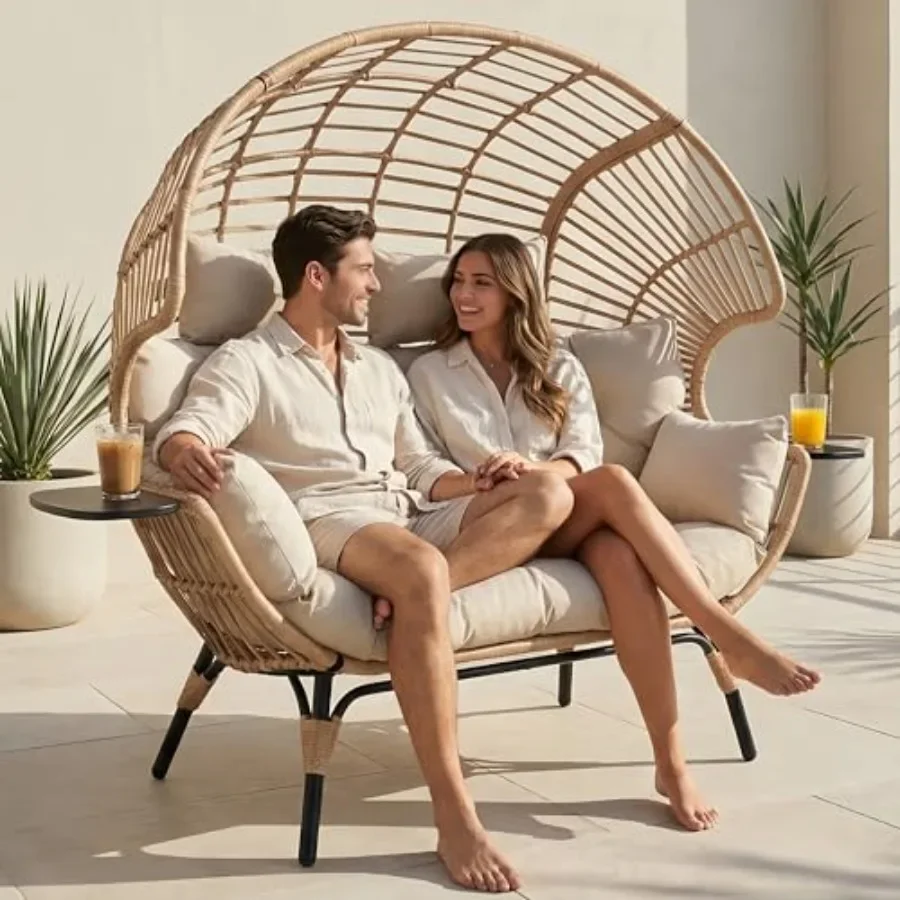 Oversized Double Egg Chair with Cup Holder for Outdoor and Indoor Use, Woven Resin Fiber, Beige, Weather-Resistant and Ergonomi