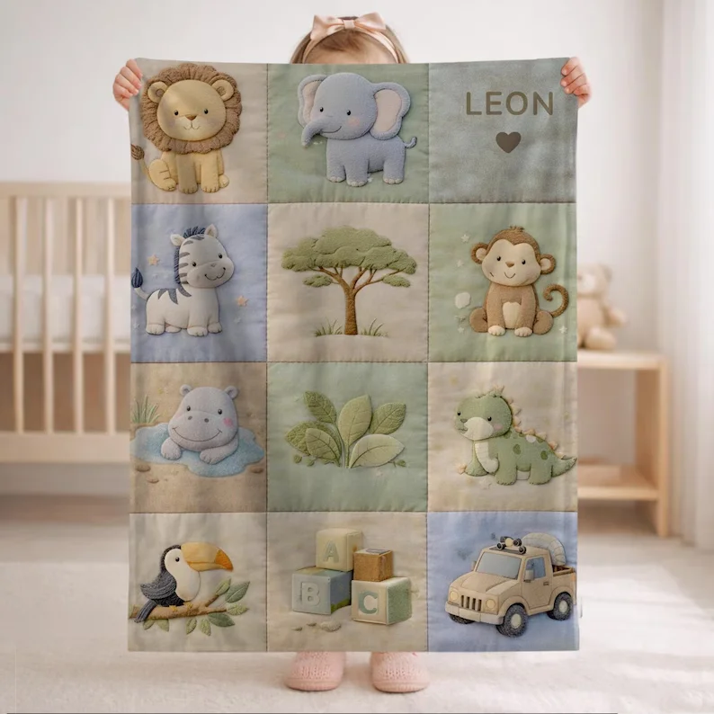 Look Baby Blanket  Safari Animals • Lion Elephant Monkey • Quilt Look • Nursery Decor • Newborn Blanket • Baby Gifts