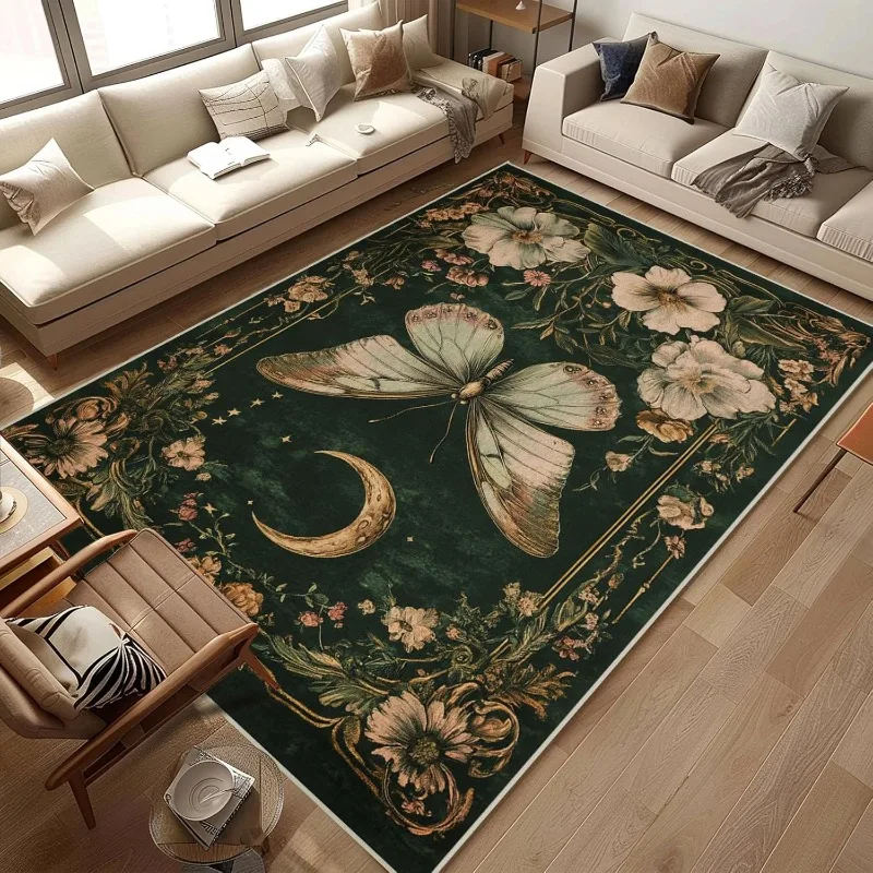 

Retro Living Room Carpet Large Area Butterfly Floral Print Bedroom Rug Machine Washable Non-slip Coffee Table Sofa Mats Alfombra