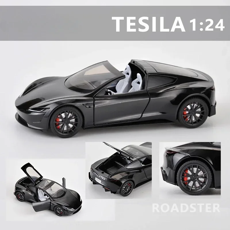 Diecast Alloy 1:24 Tesla Roadster Car Model with Charging Post Collective Voiture Miniature Sound And Light Toys Vehicles Boys