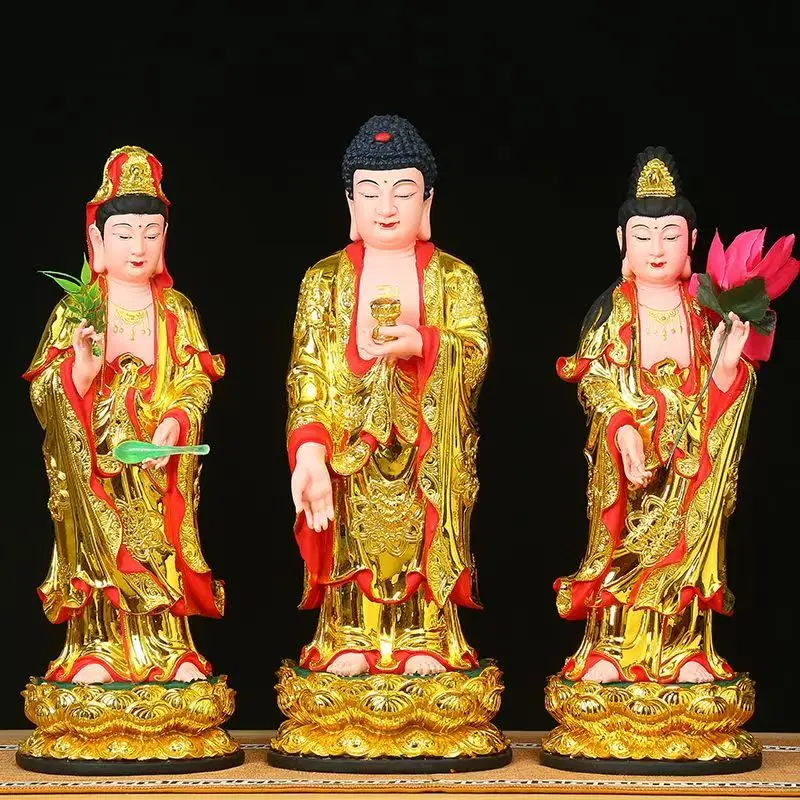 Resin painted Avalokitesvara, Amitabha and Mahasthamaprapta Statue, Three Saints of the West Buddhist sculpture 12/16/19inch