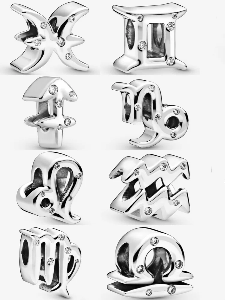 New Classic 925Silver Leo Aries Virgo 12 Signs Of The Zodiac Light Zircon Charm Beads Fit Bracelet Original Jewelry DIY Gift