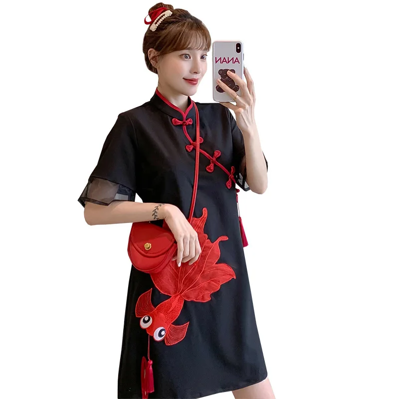 

Summer Young Girl Goldfish Cheongsam Dress Vintage Chinese Traditional Qipao Female Short Sleeve Elegant Vestidos