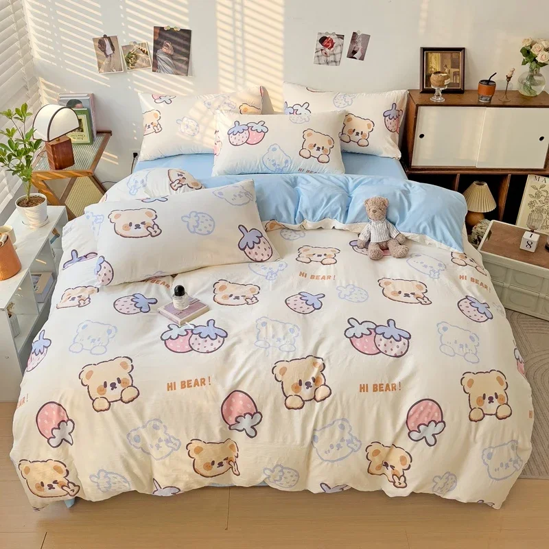 set-copripiumino-simpatico-orso-cartone-animato-per-ragazze-decorazioni-per-la-camera-dei-bambini-copripiumino-kawaii-fragola-set-biancheria-da-letto-in-cotone-lavato-3-4-pezzi