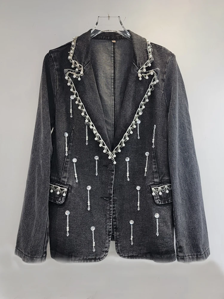 DEAT Women's Denim Jackets Washed Black Crystal Pendant Pearls Beading Diamonds Suit Jackets 2024 Autumn New Fashion 33A776