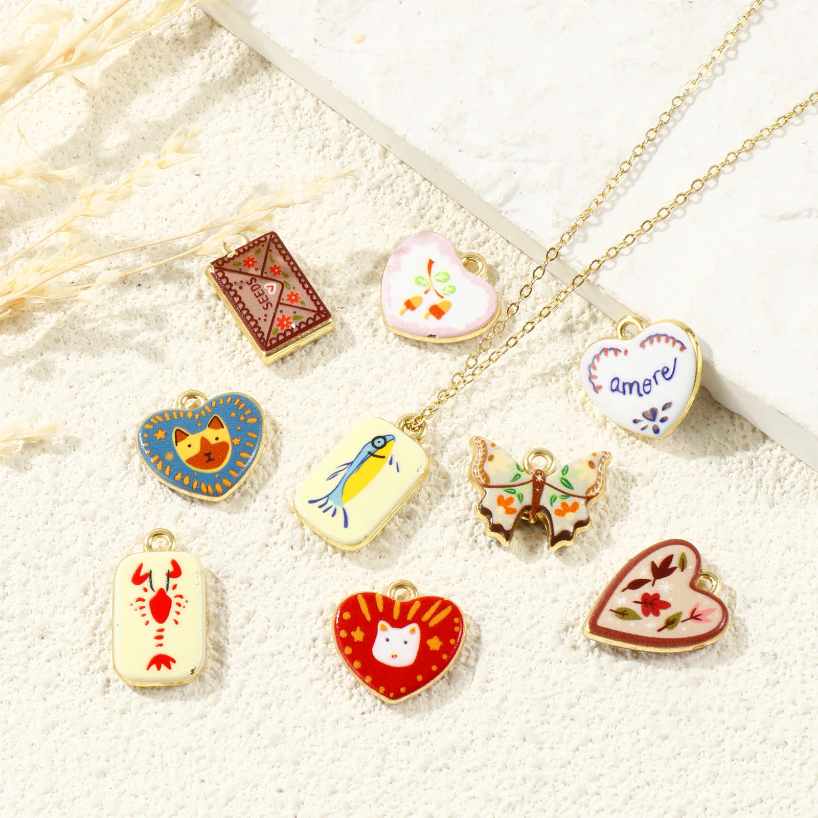 2 PCs Brass Charms Heart Rectangle Double-Sided Flower Lobster Printed 18K Gold Plated Pendants DIY Necklace Jewelry Findings