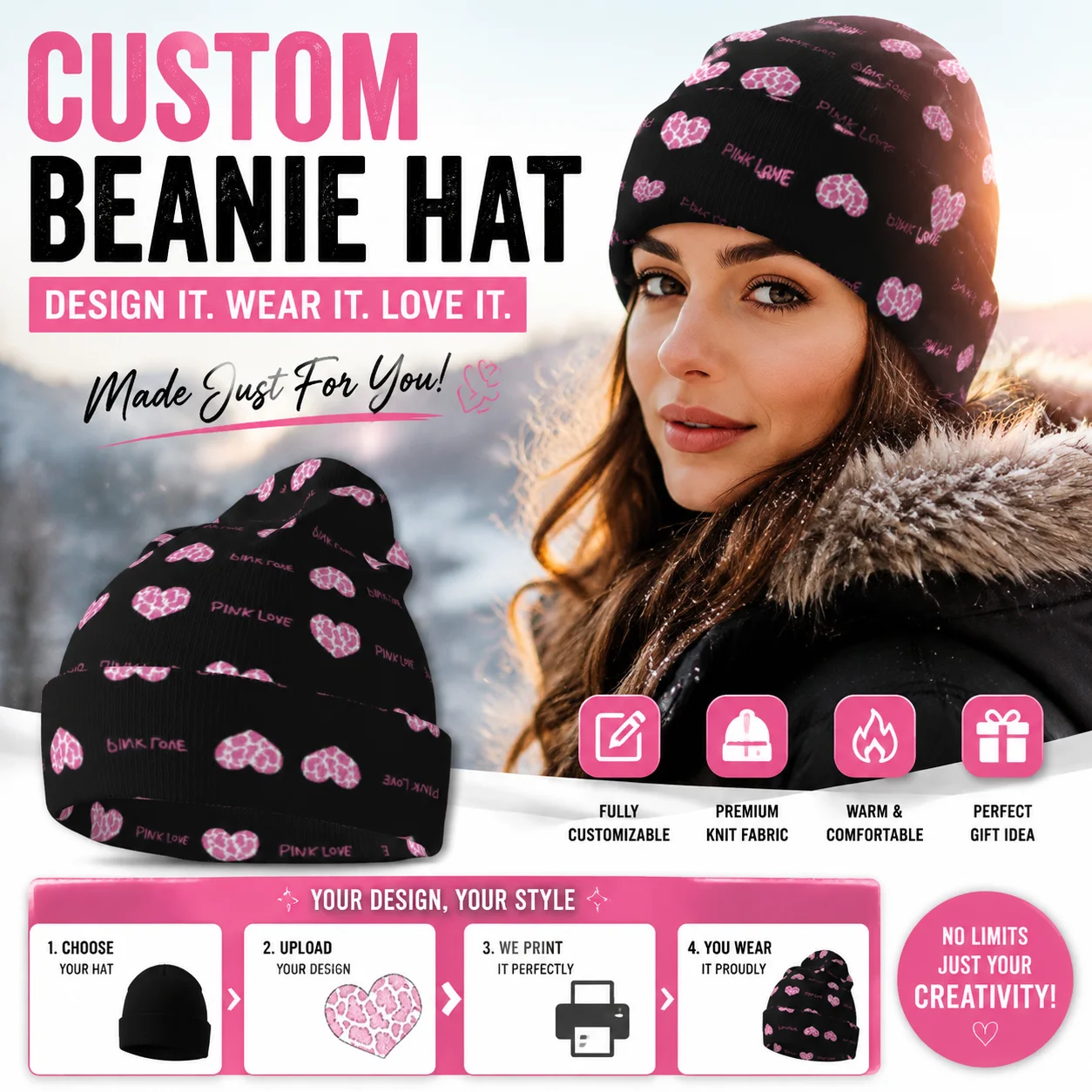 Personalized Knit Beanie Hat Custom Photo Name Pattern Winter Cap Custom Embroidery Hat Soft Warm Unisex Christmas Gift