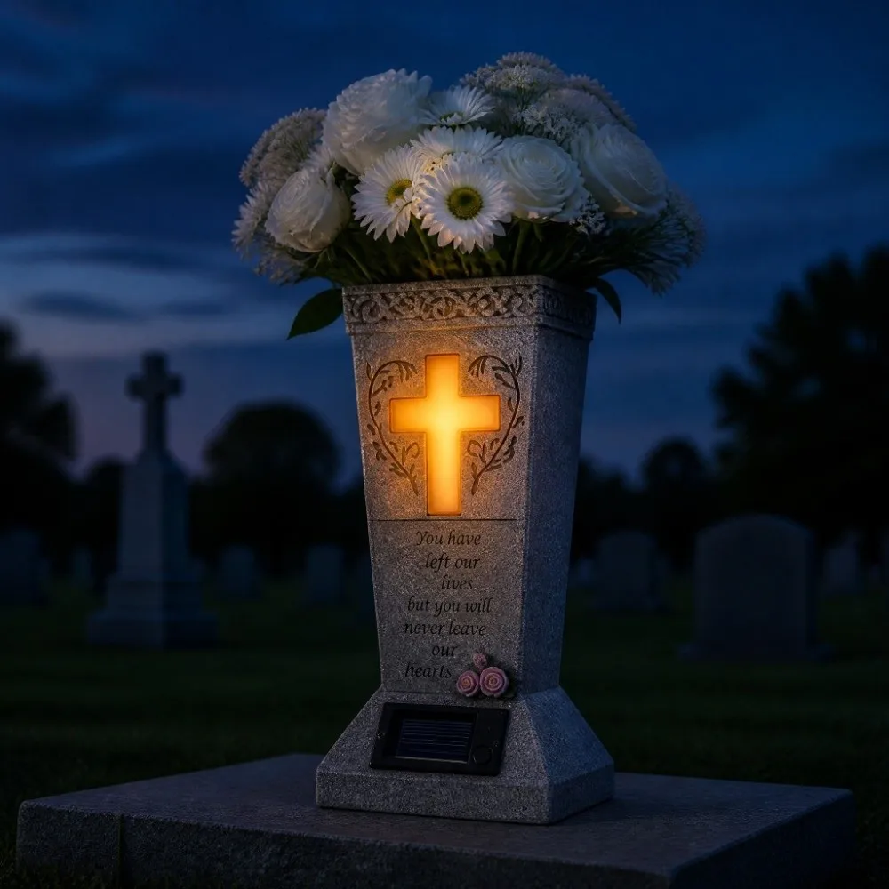 Resin Solar Grave Light Solar Powered Cross Candle Memorial Light With Drain Holes Ornament Flameless Ceremony Grave Lantern