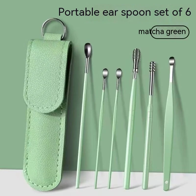 6Pcs Ear Digging Spoon Set Long Head Spiral Spring Ear Spoon Easy Clean Stainless Steel Portable Ear Care Cleaning Tools Set