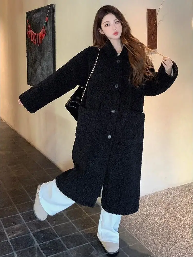 

Утепленное пальто из овечьей шерсти в корейском стиле, повседневное, с длинными рукавами, на молнии, теплое зимнее, средней длины