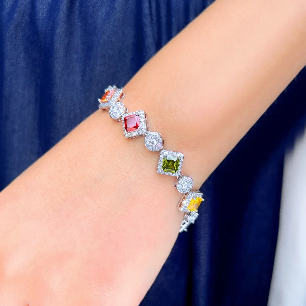 Pera New Trendy Sparkling Colorful Zirconia Rhombic & Round Link Chain Bracelets Party Jewelry For Women Anniversary Gift B141
