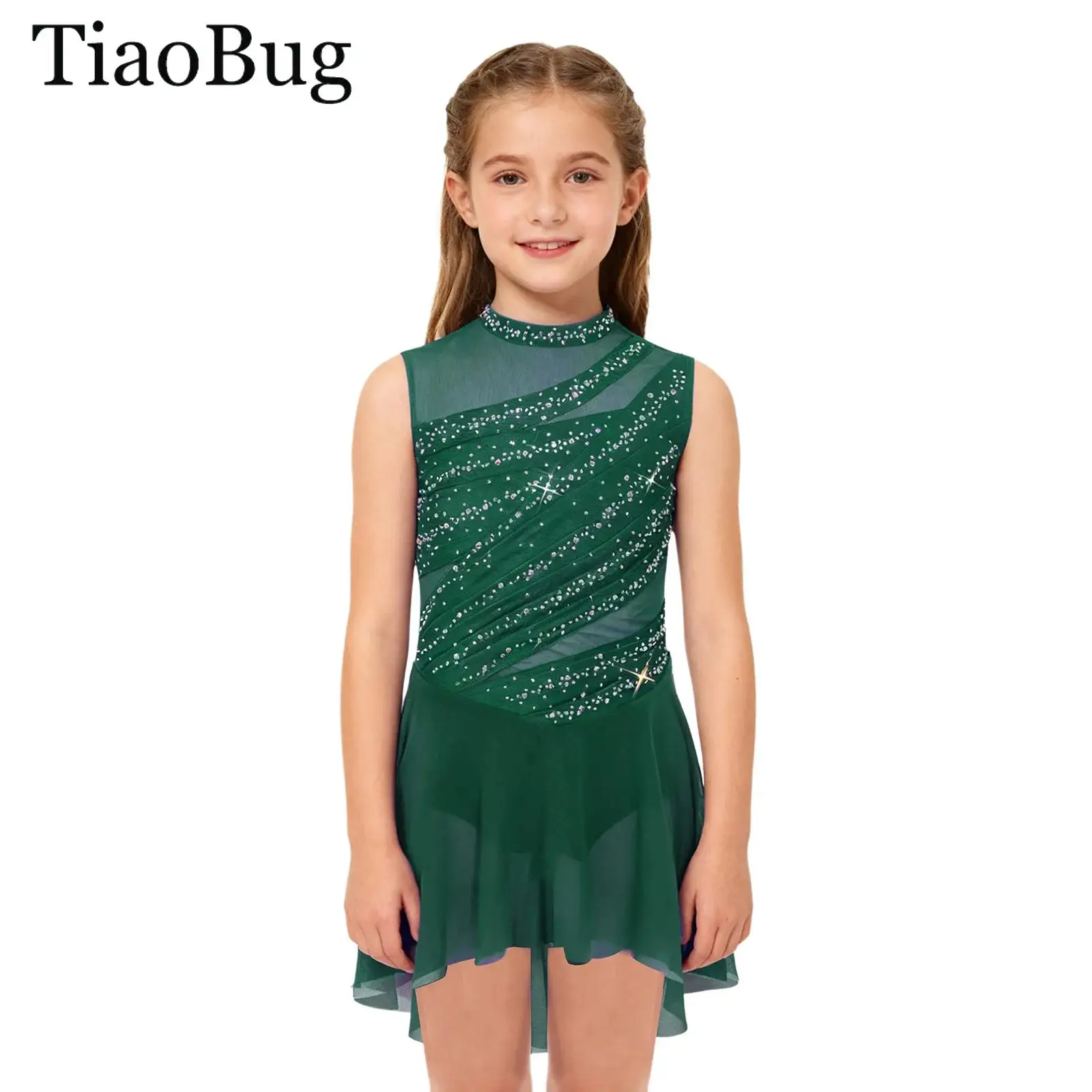 

Kids Girls Gymnastics Ballet Jersey Rhinestone Sheer Mesh Sleeveless High-Low Hem Ruche Artistic Figure Skating Dance Costume