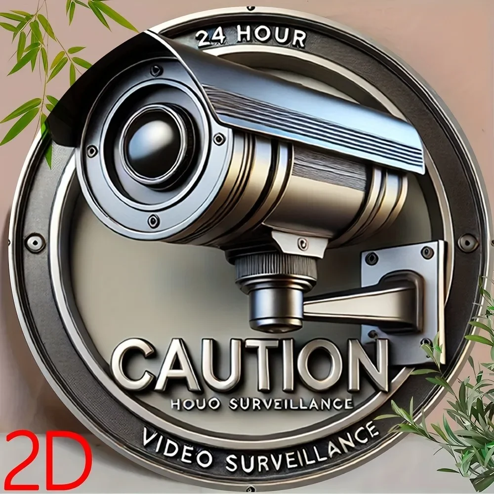 CIFBUY Caution Security Camera Round Aluminum Wall Sign Vintage Surveillance Warning Print Waterproof Pre‑Drilled Wall Decor