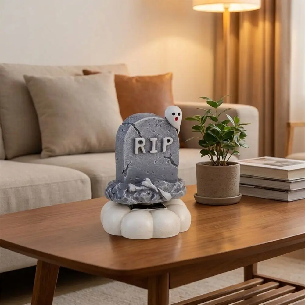 Gothic Style Rotating Pumpkin Ghost Ornament Resin Spooky Tombstone Shaped Ornament Cute Rotating Ghost Pumpkin Skull Figurine