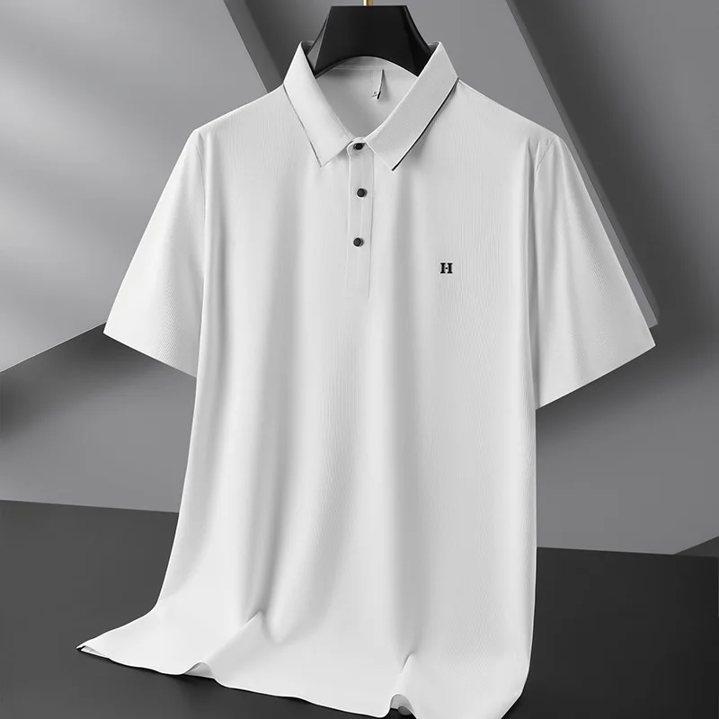 Summer Luxury Quality Business Formal Men's Short-sleeved POLO Shirt Waffle Elastic Ice Silk Is Smooth Thin and Loose  POLO