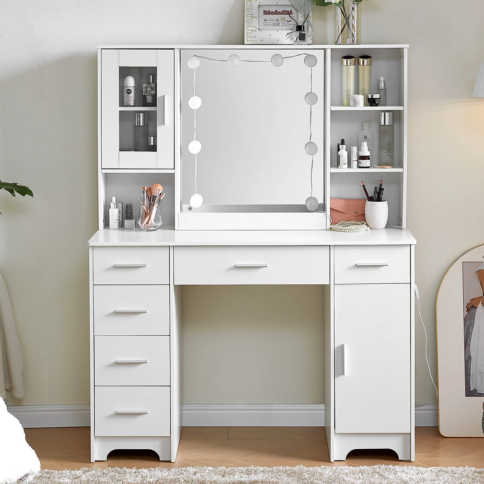 【صفقات 11.11، عروض الجمعة السوداء 2025】مكتب مكياج منضدة الزينة مع مرآة بإضاءة LED ودرج كبير للخزانة