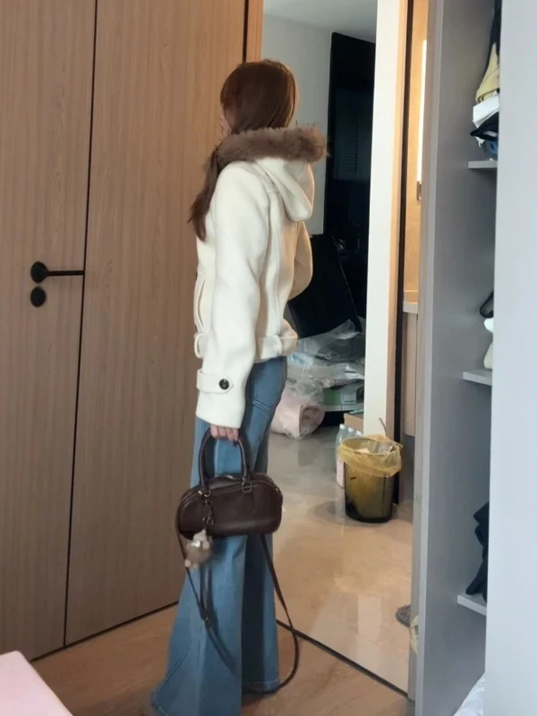 

Американское ретро-пальто из шерсти с капюшоном, двубортное, на пуговицах, элегантное зимнее пальто для невысоких.