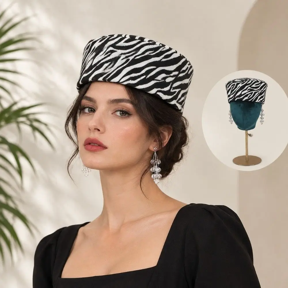 New Lightweight Zebra Print Beret Hat Soft Warm Women Pillbox Hat Structured Round Top French Hepburn Style Hat Events