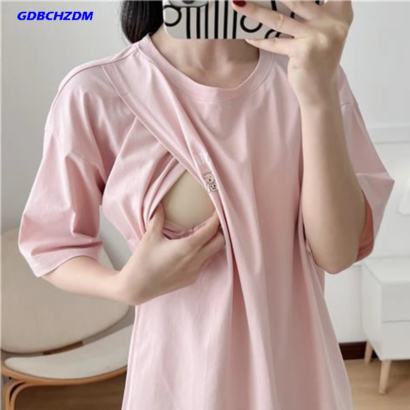 

Solid Color Loose Summer Short Sleeve T-shirt Left And Right Opening For Breastfeeding Mother Pregnant Women Clothes 9256