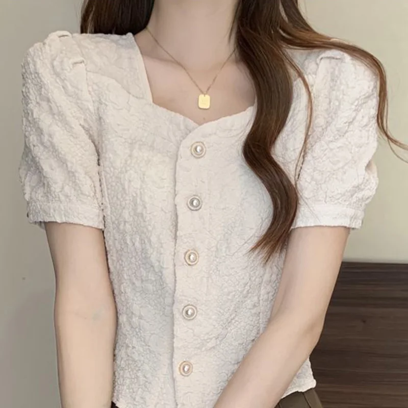 2024 New Summer Women\'s Shirt Elegant Fashion Retro Korean Style Sweet Button The Square Collar Solid Short Sleeve Chic Y2K Tops