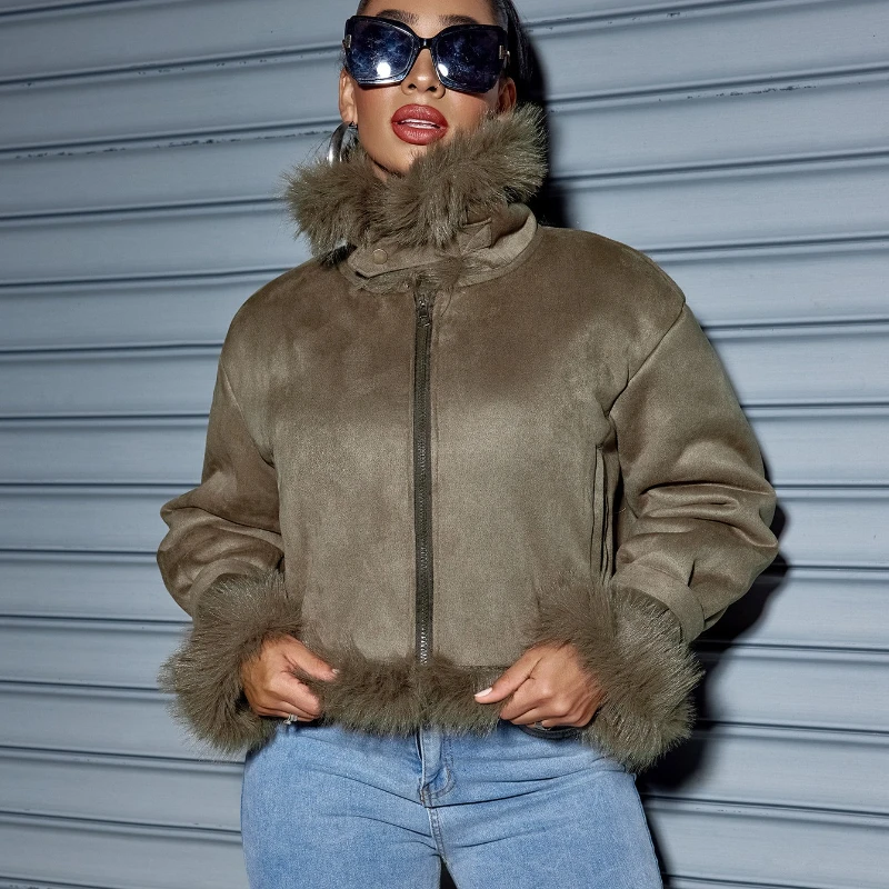 Gekerbter Kragen, Kunstpelzjacke, Wildleder, Reißverschluss, grün, kurzer Plüschmantel, warm, dick, Kunstfuchskragen, pelzige Jacken, flauschiger Straßenluxus