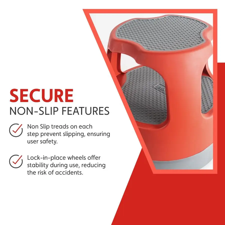 Scooter Stool, Round, 2Step, 15, Step and Lock Wheels, 300 lb Capacity, Red