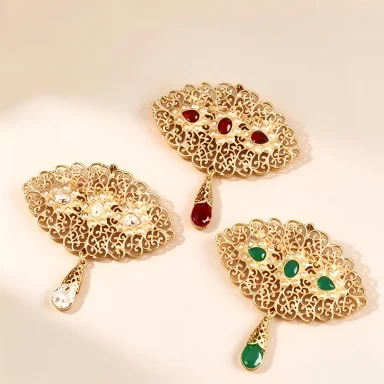 Vintage Filigree Gold Brooch Water Drop Crystal Tassel Pin Moroccan Ethnic Jewelry for Abaya Wedding Decor