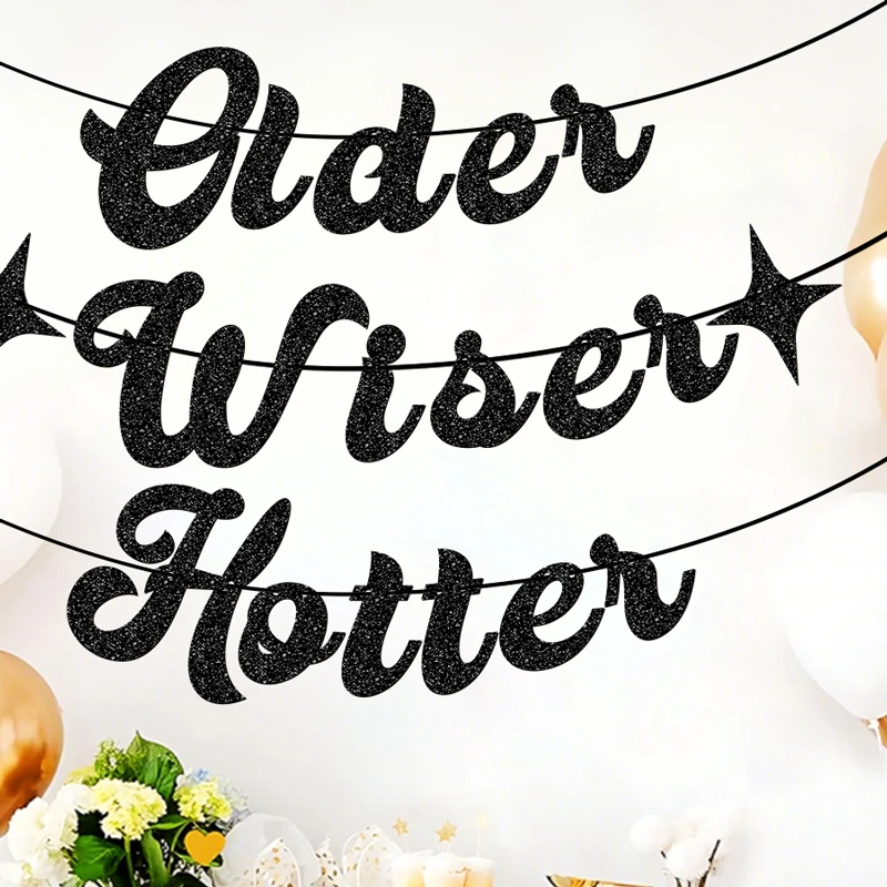 YOMDID Glitzer-Banner „Older Wiser Hotter“ mit Sternen, Geburtstagsparty-Banner für Halloween, Weihnachten, Innen- und Außendekorationen – Detail 12