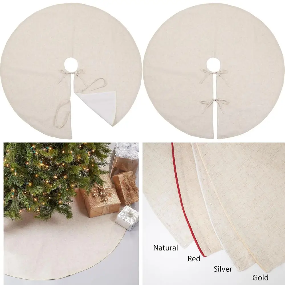 

Natural Linen Christmas Tree Skirt with Gold Piping, 72, Classic Farmhouse Holiday Decor