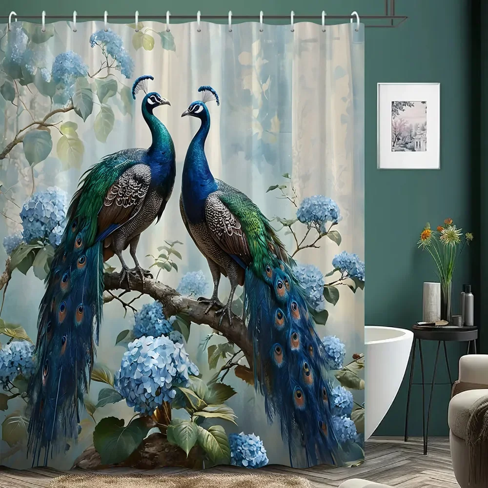 Schöner Pfauen-Duschvorhang, blühende Blumen, botanisches Aquarell, künstlerische Kreation, Polyester-Duschvorhang, Badezimmer-Dekoration