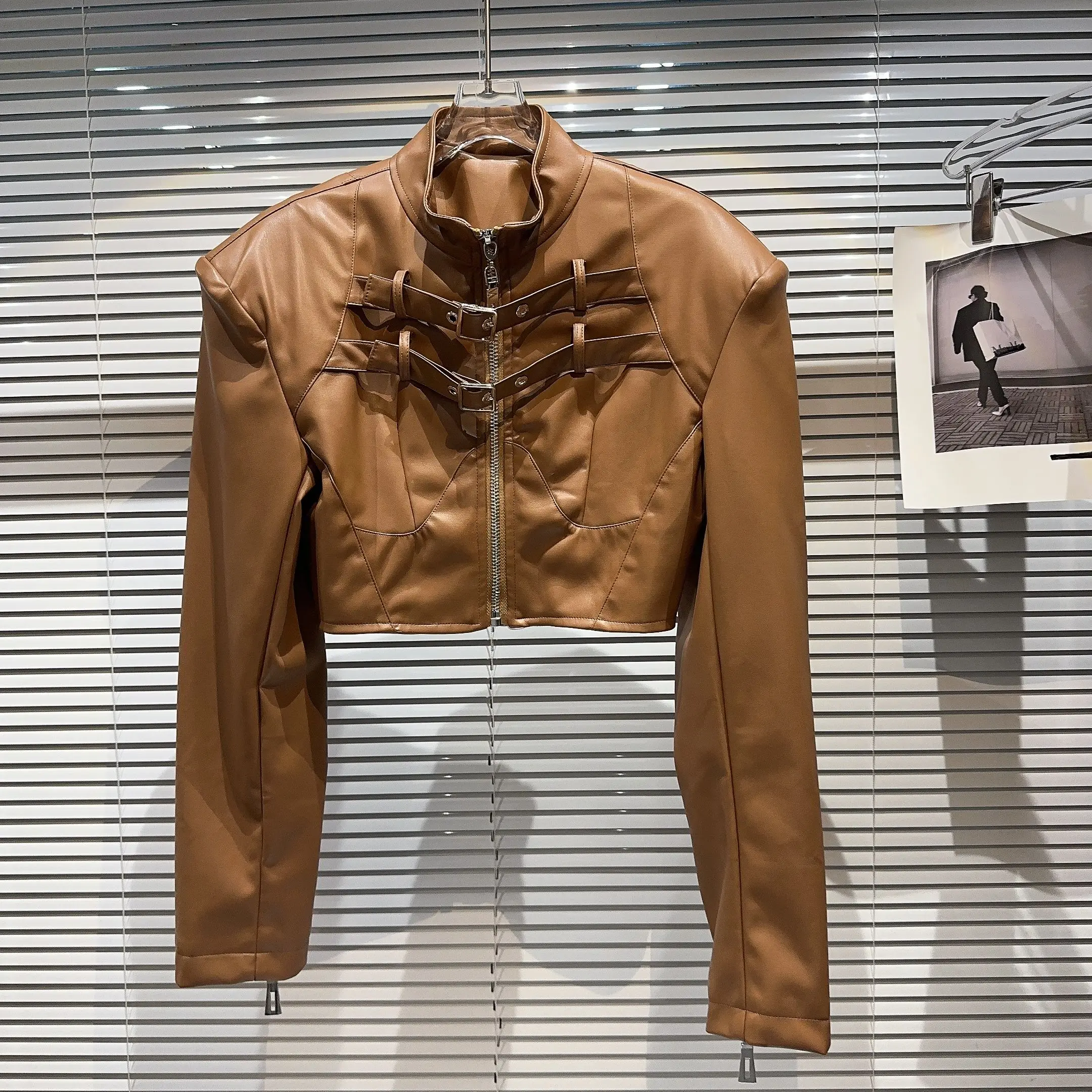 فاسق Sle Waed الجلود Jaet وسادة الكتف مربوط زر الساخن فتاة الشارع الشهير ort معطف سستة إغلاق طويل Sve المرأة... #2