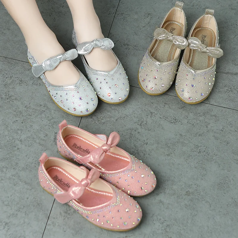 Girls Princess Shoes Children's Shoes Children's Show Flashing Diamond Silver Shoes Girls Fashion Dress Crystal Leather Shoes