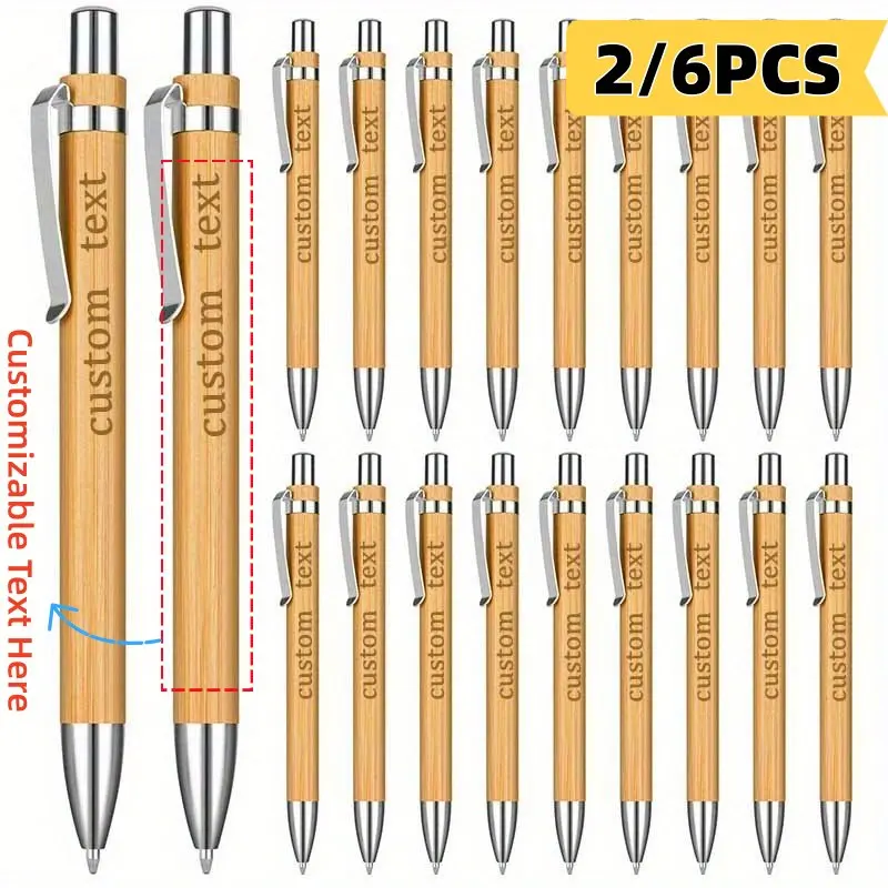 2/6PCS Custom Bamboo Ballpoint Pens Engraved Personalized Retractable Medium Point Round Body Wood Pens for Wedding Party Favors