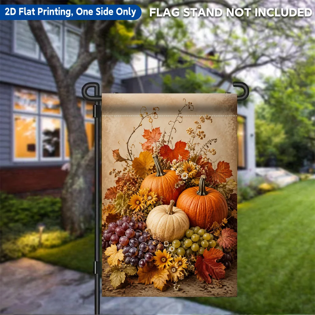2D Flat Garden Flag 1 Piece, Autumn Harvest Pumpkin Grape Floral Decoration Single-sided Printed Garden Flag