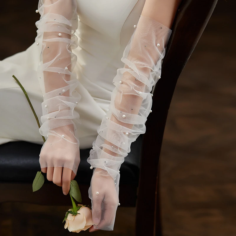 

Элегантные длинные жемчужные свадебные перчатки без пальцев, свадебные сложенные пряжи, декоративные сетчатые рукава, аксессуары для платья