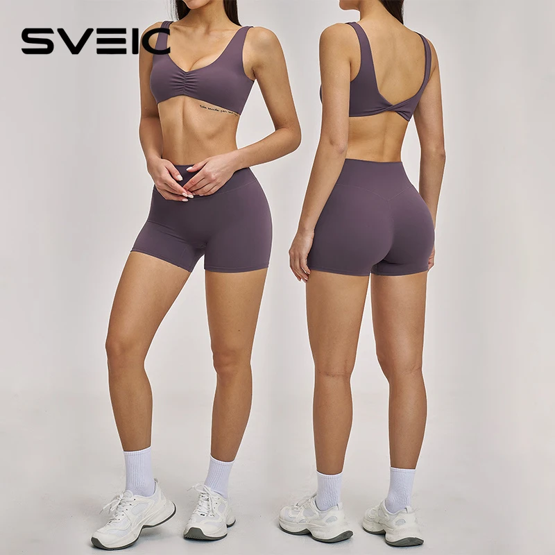 SVEIC 2 Piece Gym Set Yoga Shorts Halter Neck Beauty Back Sports Bra High Waisted Workout Suits Running Fitness Women’s Clothing