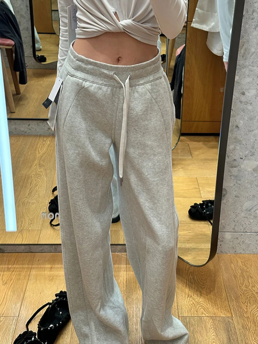 Drawstring Gray Sweatpants Women 2024 New High Waist Simple All-match Straight Trouser Winter Fashion Casual Sport Pant Femme