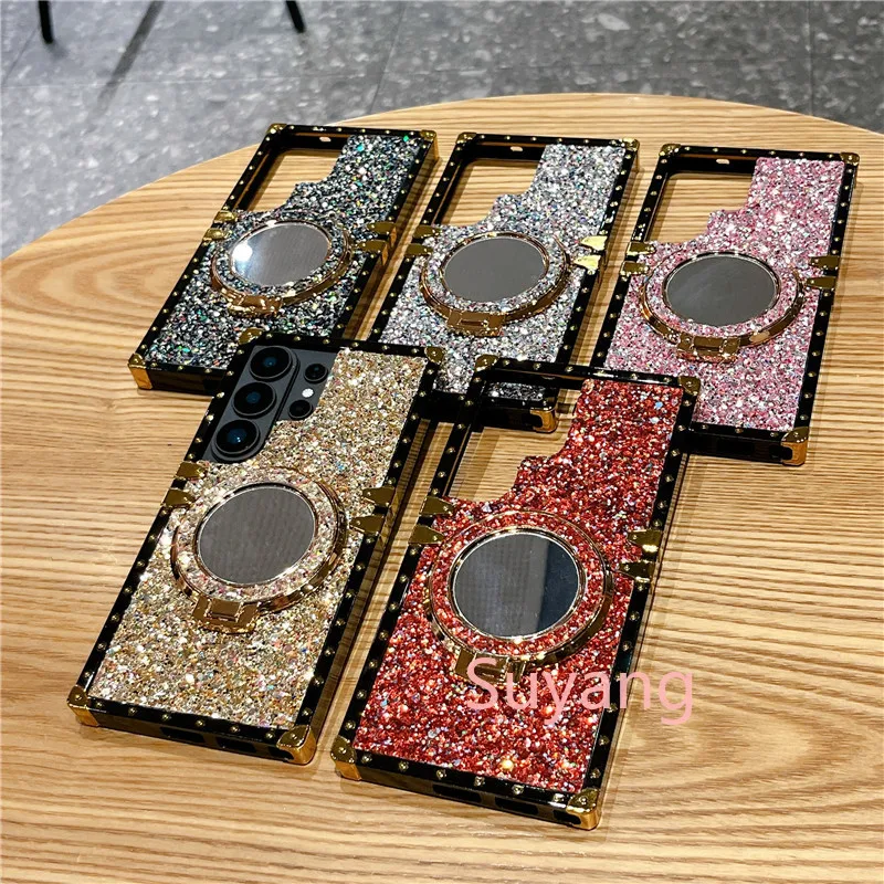 Luxury Mirror Holder Woman Glitter Phone Case For Samsung Galaxy S26 Ultra S25 S24 S23 S22 S21 S20 FE S10Plus Protect Soft Shell