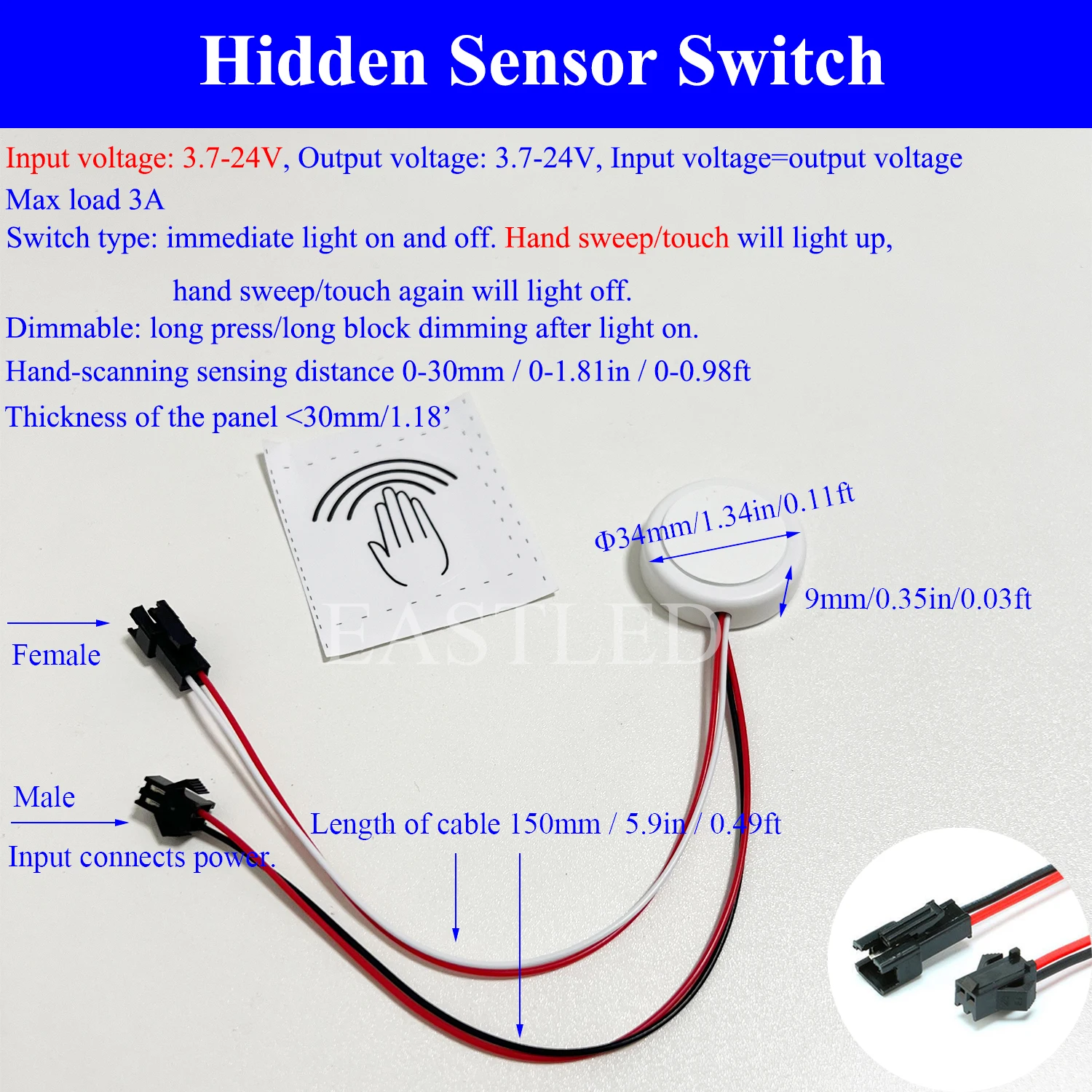 2Pin Partition Touch Sensor Switch Dimmer with SM2.54 Port Hand Sweep Control Through Panel, Wood, Stone, Glass, 3.7V/5V/12V/24V