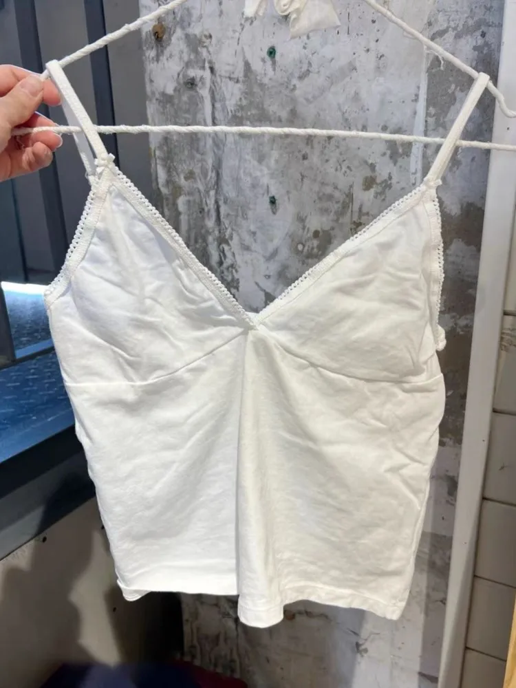 

Sweet Lace Trim Bow Tank Tops Women Summer Cotton Sleeveless V-neck Slim Crop Top Vintage Cute Casual White Camis Y2k Clothes